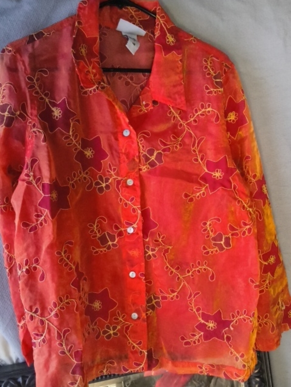 Y2K Iridescent Sheer Organza Blouse Embroidered Floral Red Orange Button-Up Larg